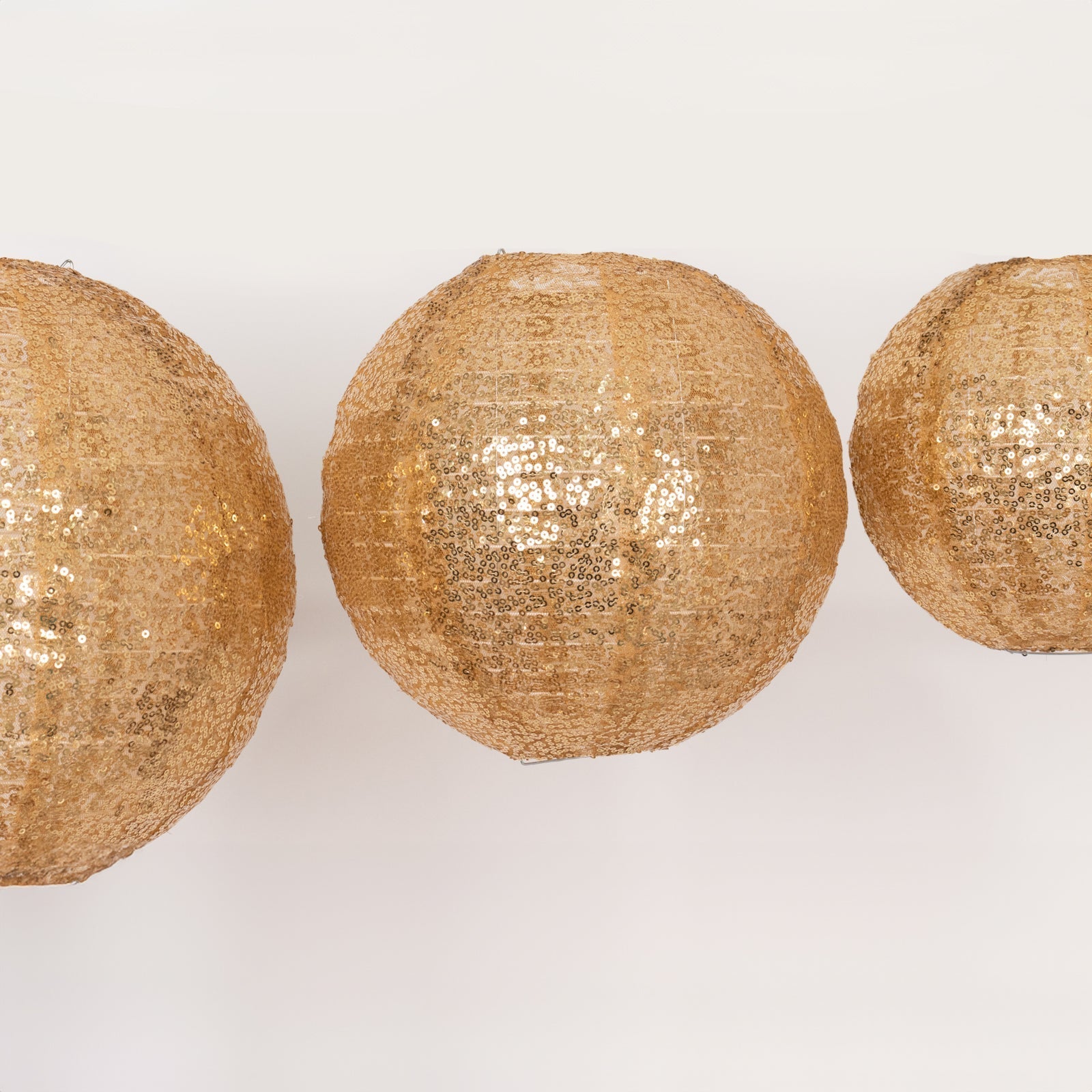 Set of 3 Glitter Gold Sequin Fabric Hanging Lanterns, Decorative Round Foldable Chinese Lantern Lampshades - 8",10",12" - Bell Racket Store