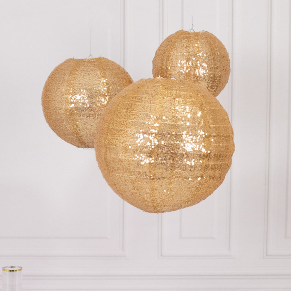 Set of 3 Glitter Gold Sequin Fabric Hanging Lanterns, Decorative Round Foldable Chinese Lantern Lampshades - 8",10",12" - Bell Racket Store