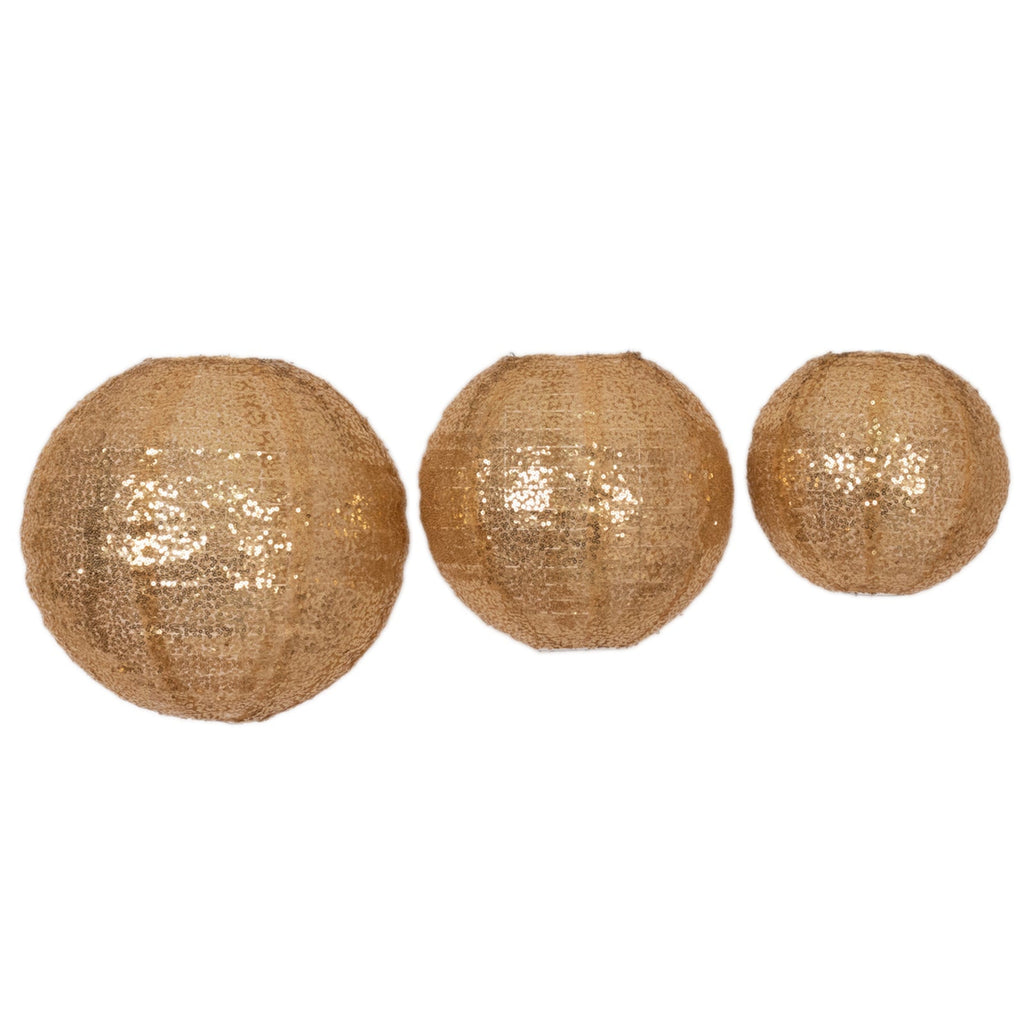 Set of 3 Glitter Gold Sequin Fabric Hanging Lanterns, Decorative Round Foldable Chinese Lantern Lampshades - 8",10",12" - Bell Racket Store