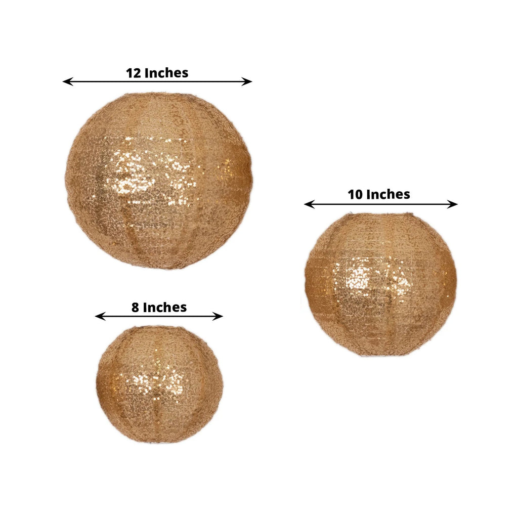 Set of 3 Glitter Gold Sequin Fabric Hanging Lanterns, Decorative Round Foldable Chinese Lantern Lampshades - 8",10",12" - Bell Racket Store