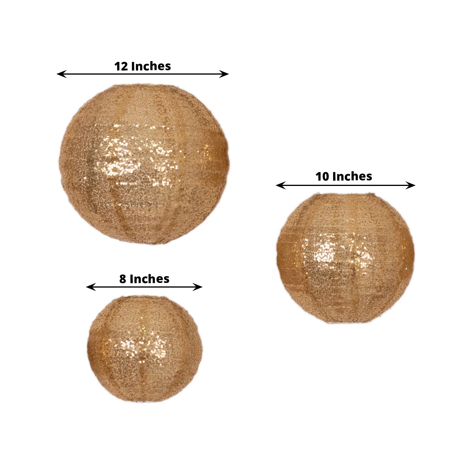 Set of 3 Glitter Gold Sequin Fabric Hanging Lanterns, Decorative Round Foldable Chinese Lantern Lampshades - 8",10",12" - Bell Racket Store