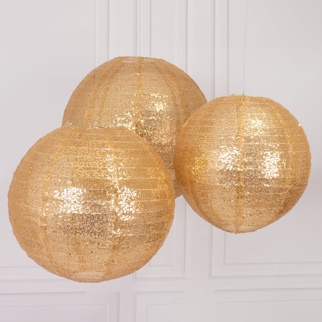 Set of 3 Glitter Gold Sequin Fabric Hanging Lanterns, Large Decorative Round Foldable Chinese Lantern Lampshades - 14",16",20" - Bell Racket Store