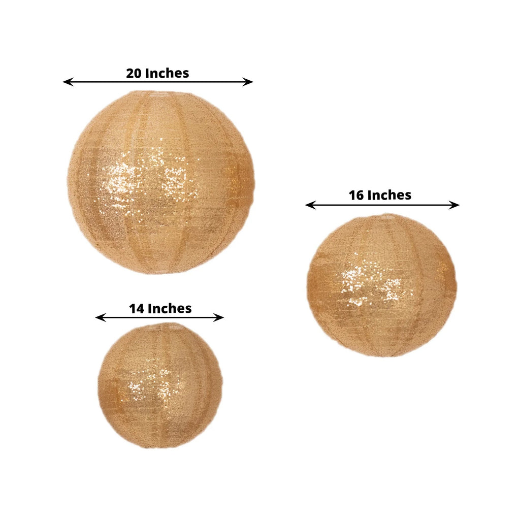 Set of 3 Glitter Gold Sequin Fabric Hanging Lanterns, Large Decorative Round Foldable Chinese Lantern Lampshades - 14",16",20" - Bell Racket Store