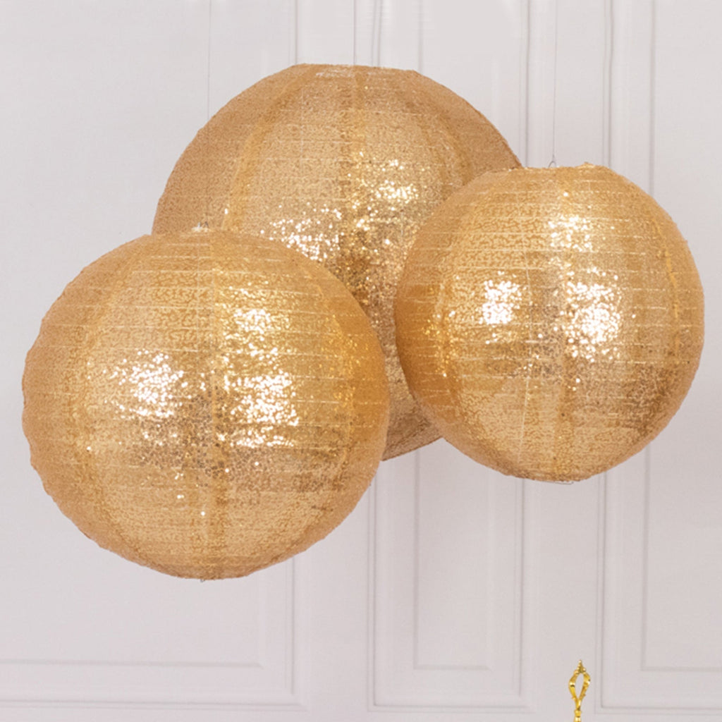 Set of 3 Glitter Gold Sequin Fabric Hanging Lanterns, Large Decorative Round Foldable Chinese Lantern Lampshades - 14",16",20" - Bell Racket Store