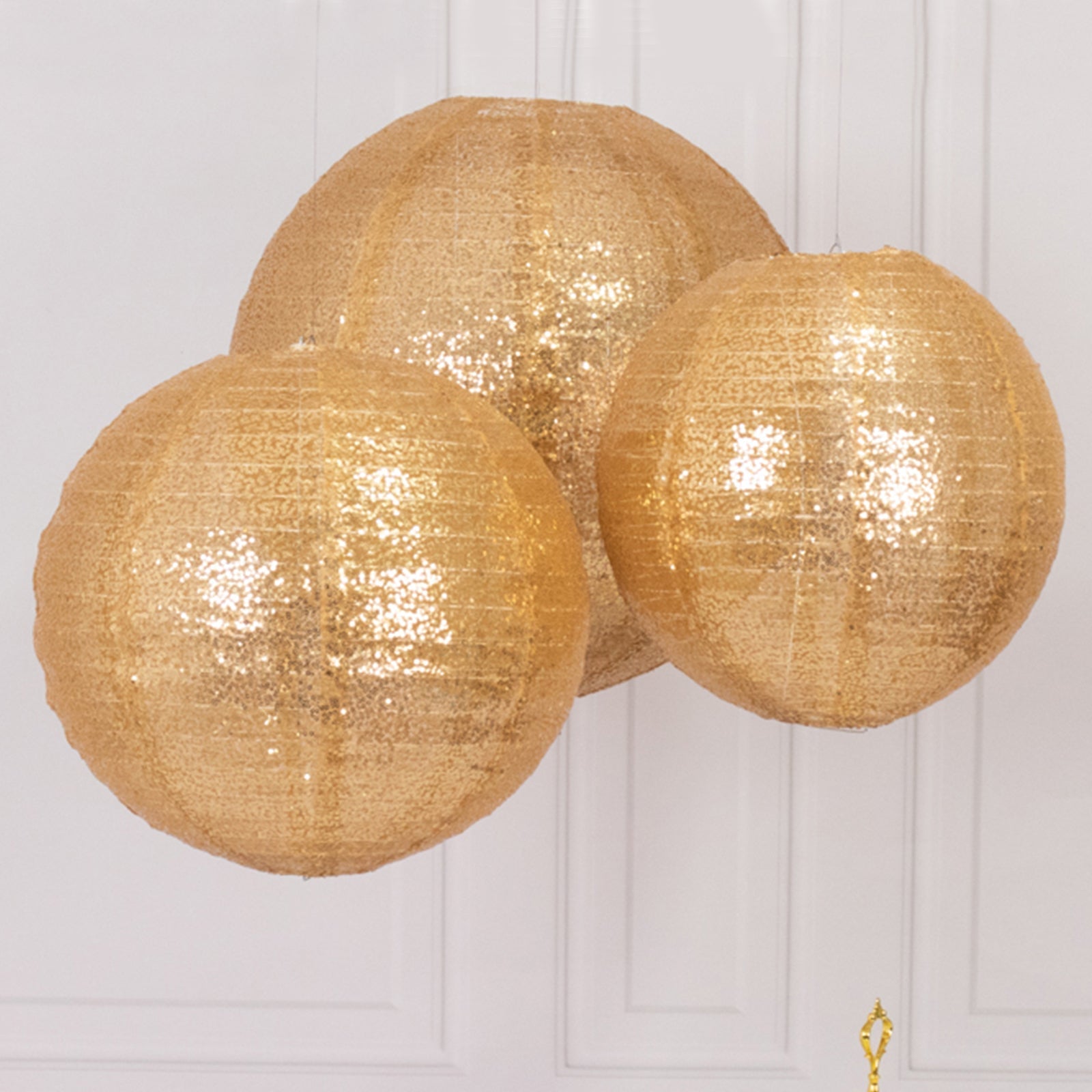 Set of 3 Glitter Gold Sequin Fabric Hanging Lanterns, Large Decorative Round Foldable Chinese Lantern Lampshades - 14",16",20" - Bell Racket Store