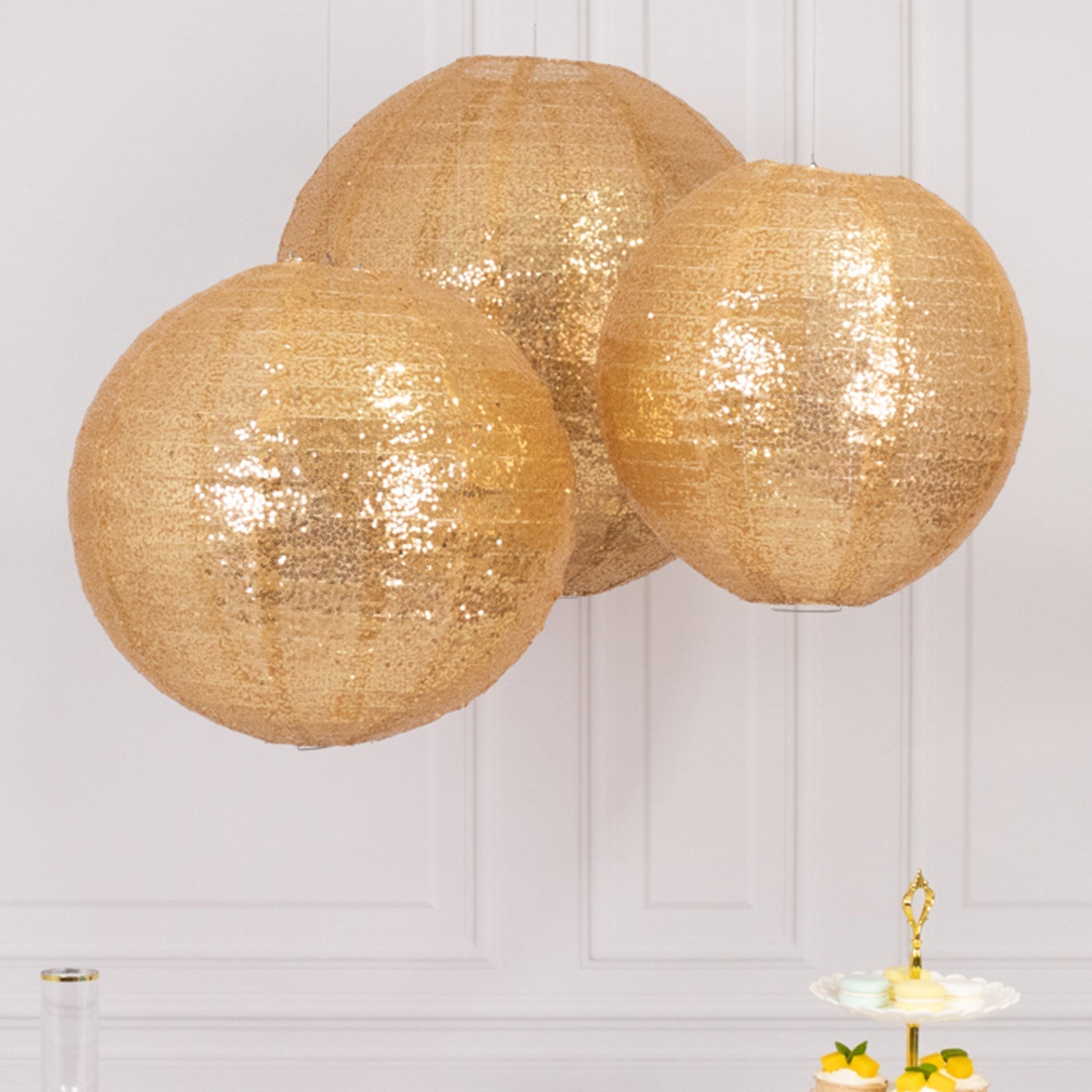 Set of 3 Glitter Gold Sequin Fabric Hanging Lanterns, Large Decorative Round Foldable Chinese Lantern Lampshades - 14",16",20" - Bell Racket Store