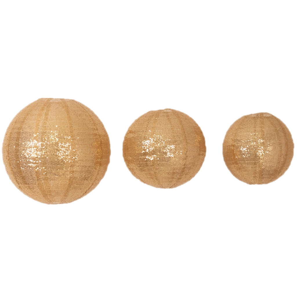 Set of 3 Glitter Gold Sequin Fabric Hanging Lanterns, Large Decorative Round Foldable Chinese Lantern Lampshades - 14",16",20" - Bell Racket Store