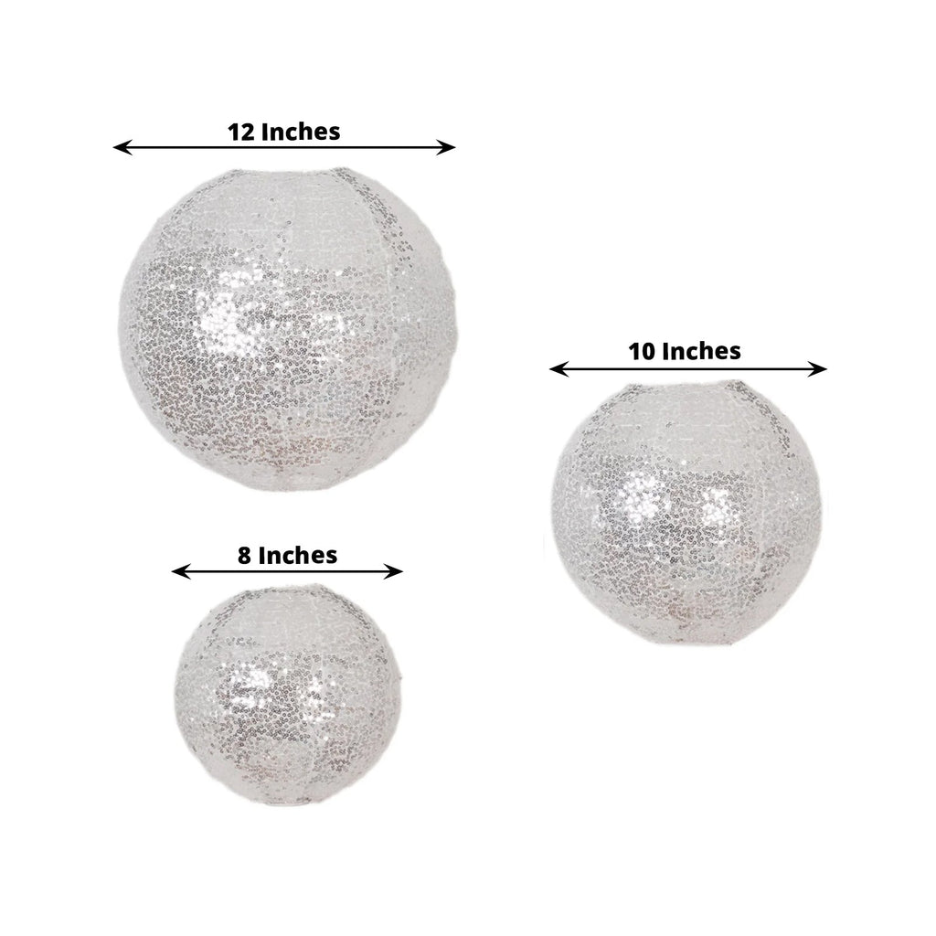 Set of 3 Glitter Silver Sequin Fabric Hanging Lanterns, Decorative Round Foldable Chinese Lantern Lampshades - 8",10",12" - Bell Racket Store