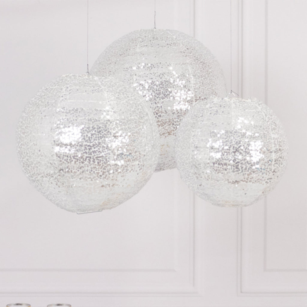 Set of 3 Glitter Silver Sequin Fabric Hanging Lanterns, Decorative Round Foldable Chinese Lantern Lampshades - 8",10",12" - Bell Racket Store