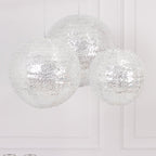 Set of 3 Glitter Silver Sequin Fabric Hanging Lanterns, Decorative Round Foldable Chinese Lantern Lampshades - 8",10",12" - Bell Racket Store