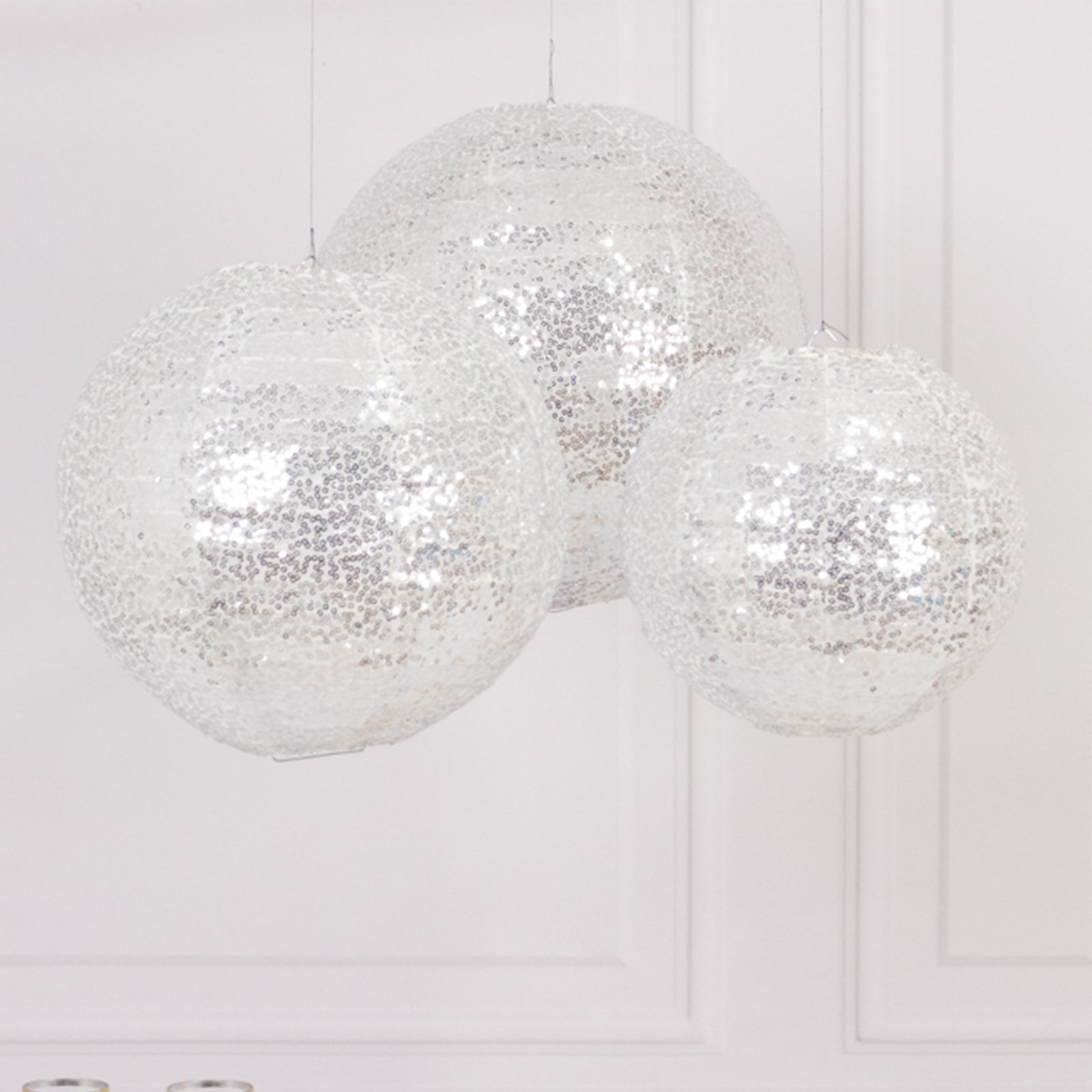 Set of 3 Glitter Silver Sequin Fabric Hanging Lanterns, Decorative Round Foldable Chinese Lantern Lampshades - 8",10",12" - Bell Racket Store