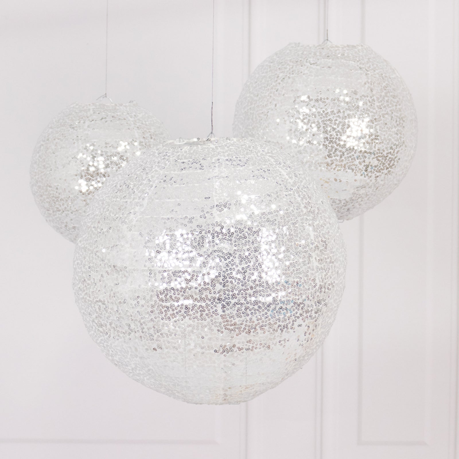 Set of 3 Glitter Silver Sequin Fabric Hanging Lanterns, Decorative Round Foldable Chinese Lantern Lampshades - 8",10",12" - Bell Racket Store