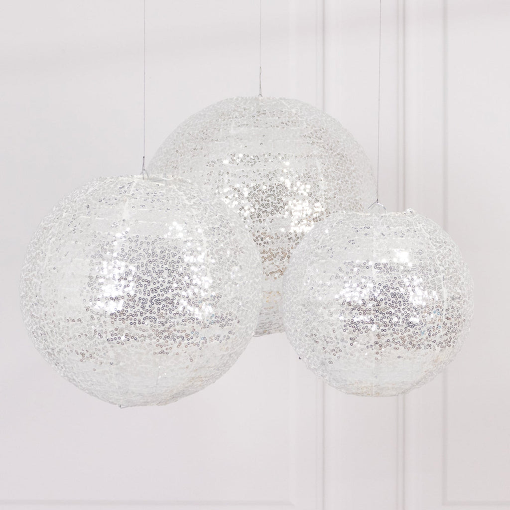 Set of 3 Glitter Silver Sequin Fabric Hanging Lanterns, Decorative Round Foldable Chinese Lantern Lampshades - 8",10",12" - Bell Racket Store