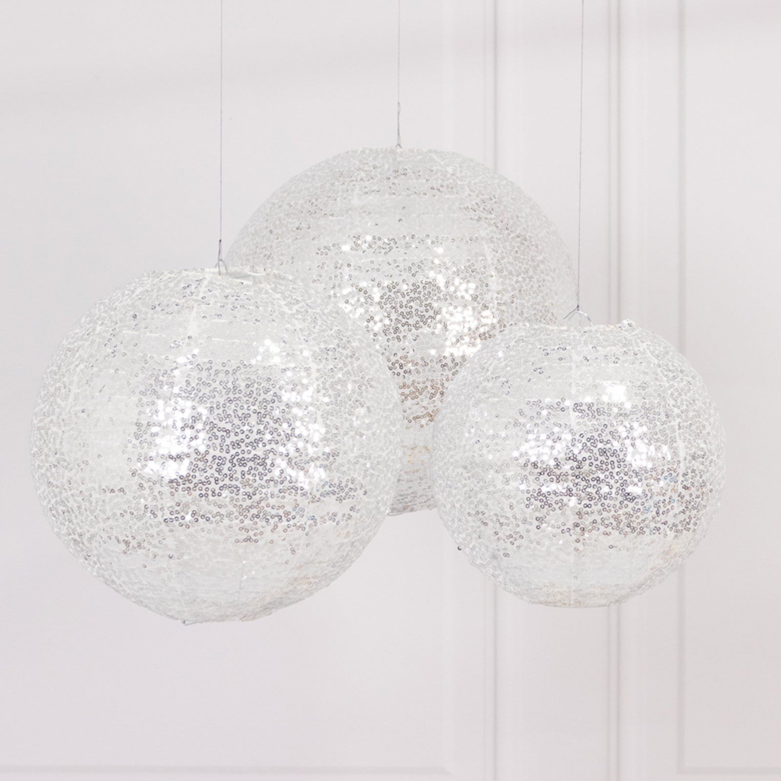 Set of 3 Glitter Silver Sequin Fabric Hanging Lanterns, Decorative Round Foldable Chinese Lantern Lampshades - 8",10",12" - Bell Racket Store