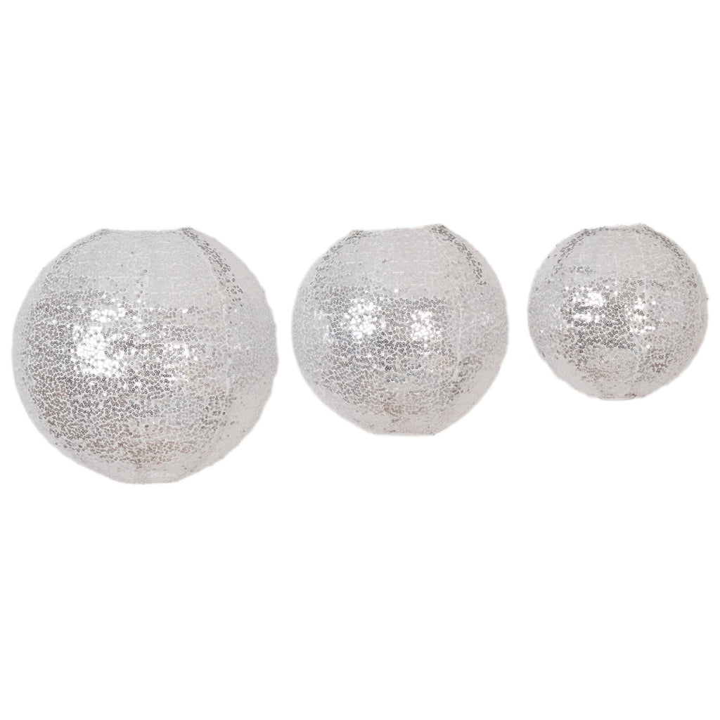 Set of 3 Glitter Silver Sequin Fabric Hanging Lanterns, Decorative Round Foldable Chinese Lantern Lampshades - 8",10",12" - Bell Racket Store