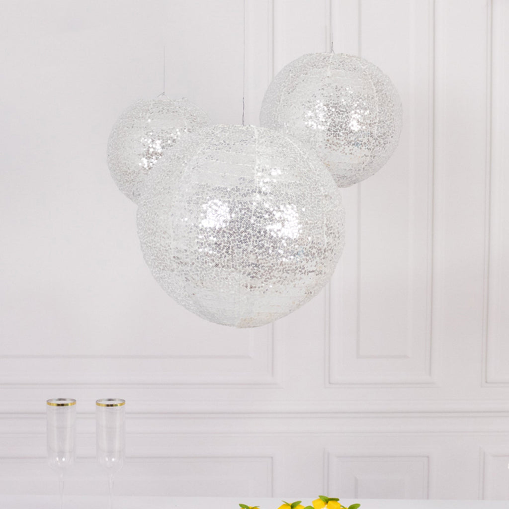 Set of 3 Glitter Silver Sequin Fabric Hanging Lanterns, Decorative Round Foldable Chinese Lantern Lampshades - 8",10",12" - Bell Racket Store
