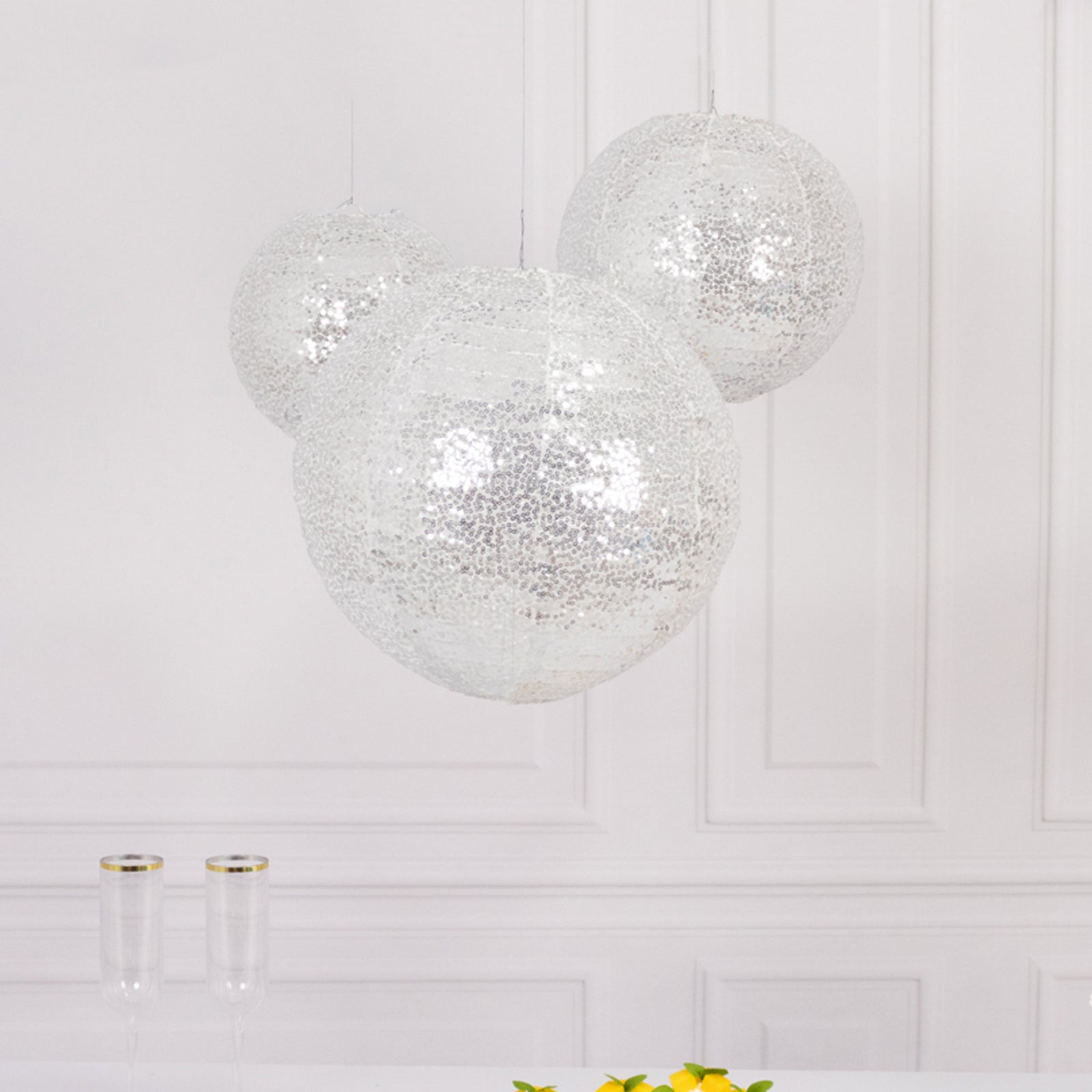 Set of 3 Glitter Silver Sequin Fabric Hanging Lanterns, Decorative Round Foldable Chinese Lantern Lampshades - 8",10",12" - Bell Racket Store