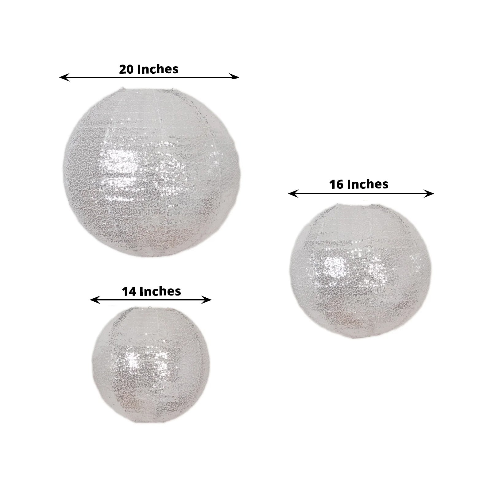 Set of 3 Glitter Silver Sequin Fabric Hanging Lanterns, Large Decorative Round Foldable Chinese Lantern Lampshades - 14",16",20" - Bell Racket Store