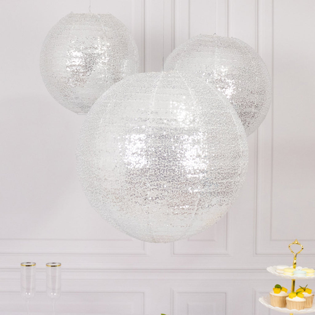 Set of 3 Glitter Silver Sequin Fabric Hanging Lanterns, Large Decorative Round Foldable Chinese Lantern Lampshades - 14",16",20" - Bell Racket Store