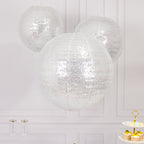 Set of 3 Glitter Silver Sequin Fabric Hanging Lanterns, Large Decorative Round Foldable Chinese Lantern Lampshades - 14",16",20" - Bell Racket Store