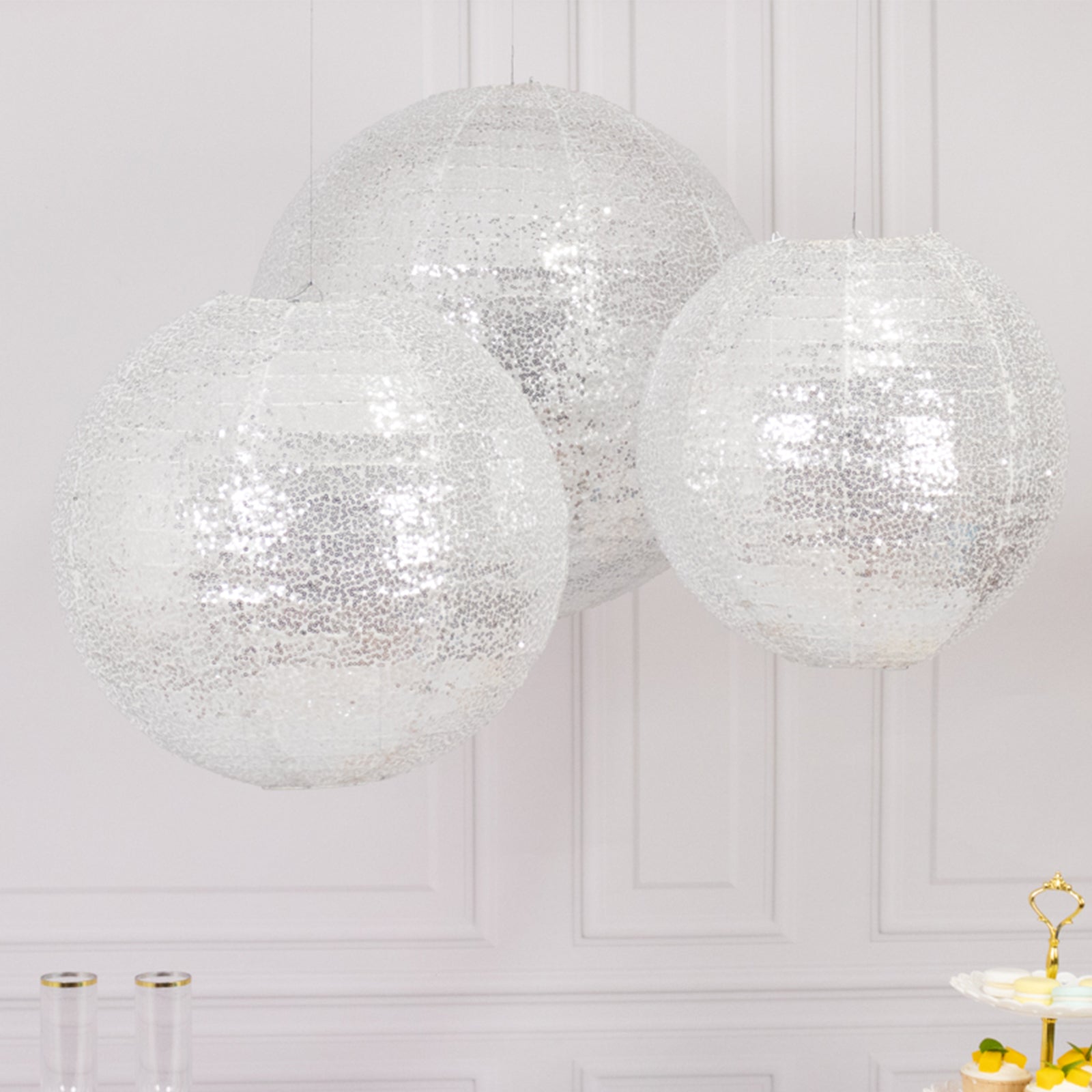 Set of 3 Glitter Silver Sequin Fabric Hanging Lanterns, Large Decorative Round Foldable Chinese Lantern Lampshades - 14",16",20" - Bell Racket Store