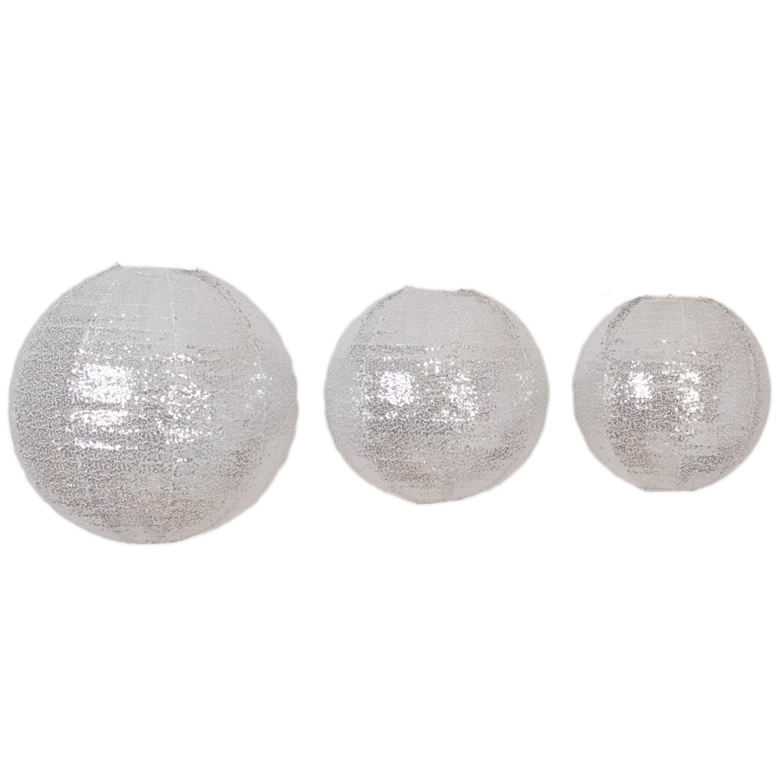 Set of 3 Glitter Silver Sequin Fabric Hanging Lanterns, Large Decorative Round Foldable Chinese Lantern Lampshades - 14",16",20" - Bell Racket Store