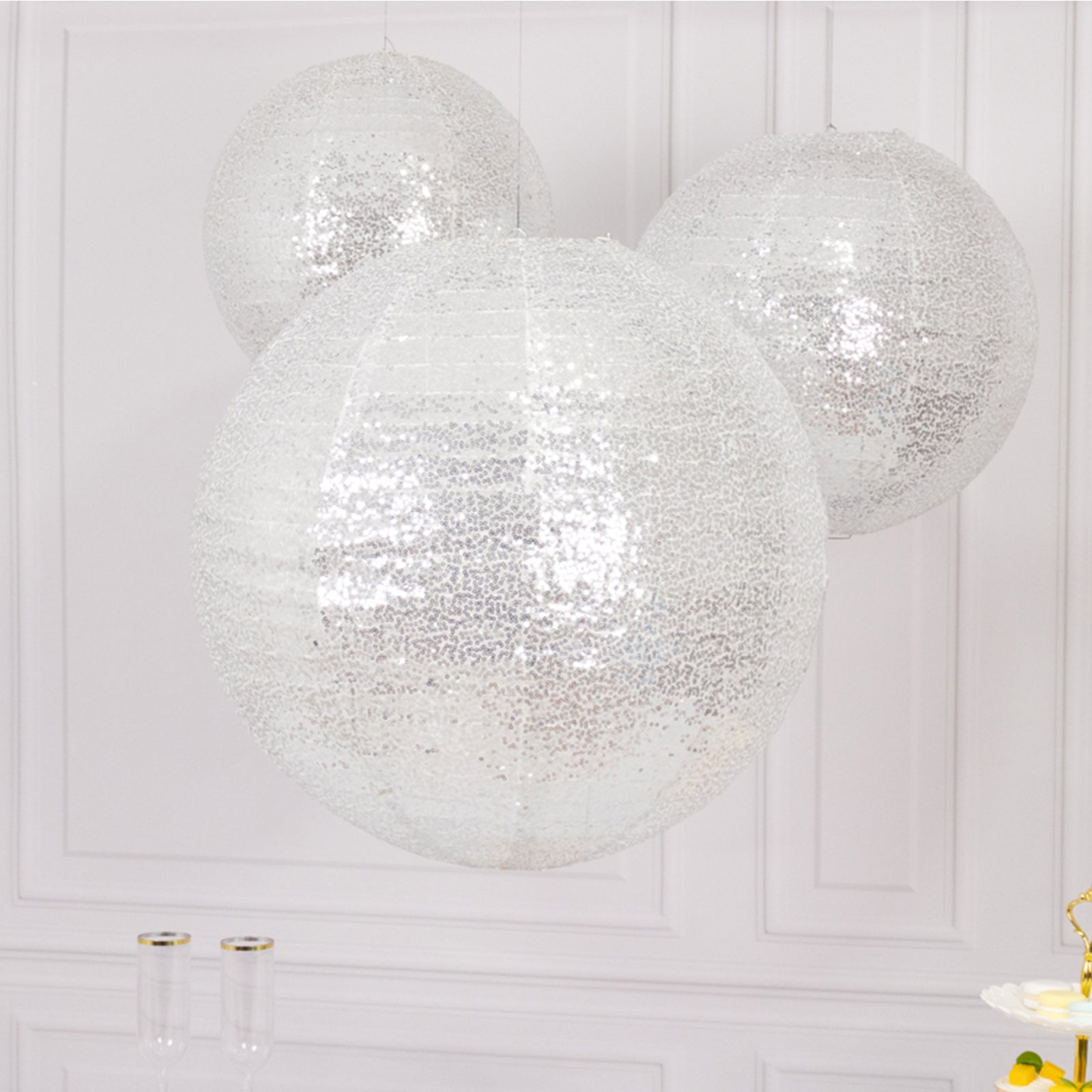 Set of 3 Glitter Silver Sequin Fabric Hanging Lanterns, Large Decorative Round Foldable Chinese Lantern Lampshades - 14",16",20" - Bell Racket Store