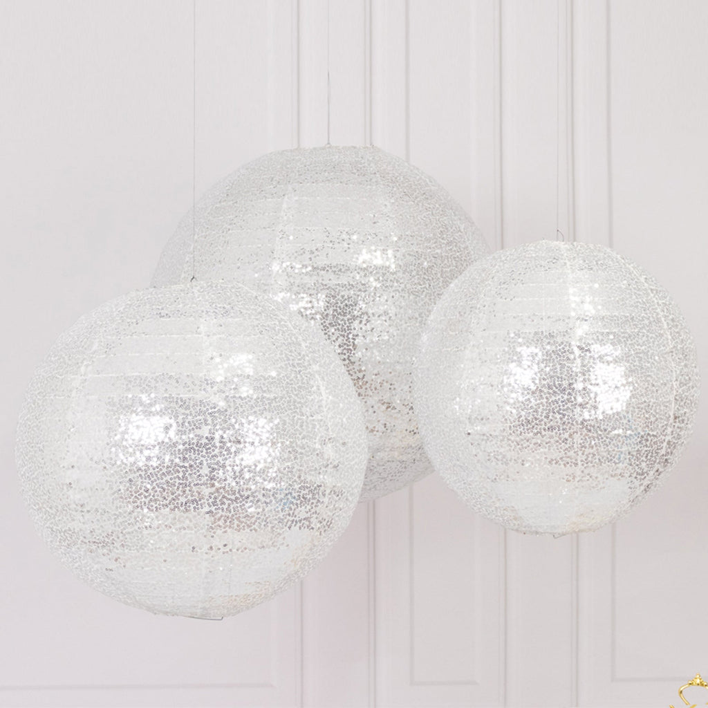 Set of 3 Glitter Silver Sequin Fabric Hanging Lanterns, Large Decorative Round Foldable Chinese Lantern Lampshades - 14",16",20" - Bell Racket Store