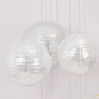 Set of 3 Glitter Silver Sequin Fabric Hanging Lanterns, Large Decorative Round Foldable Chinese Lantern Lampshades - 14",16",20" - Bell Racket Store