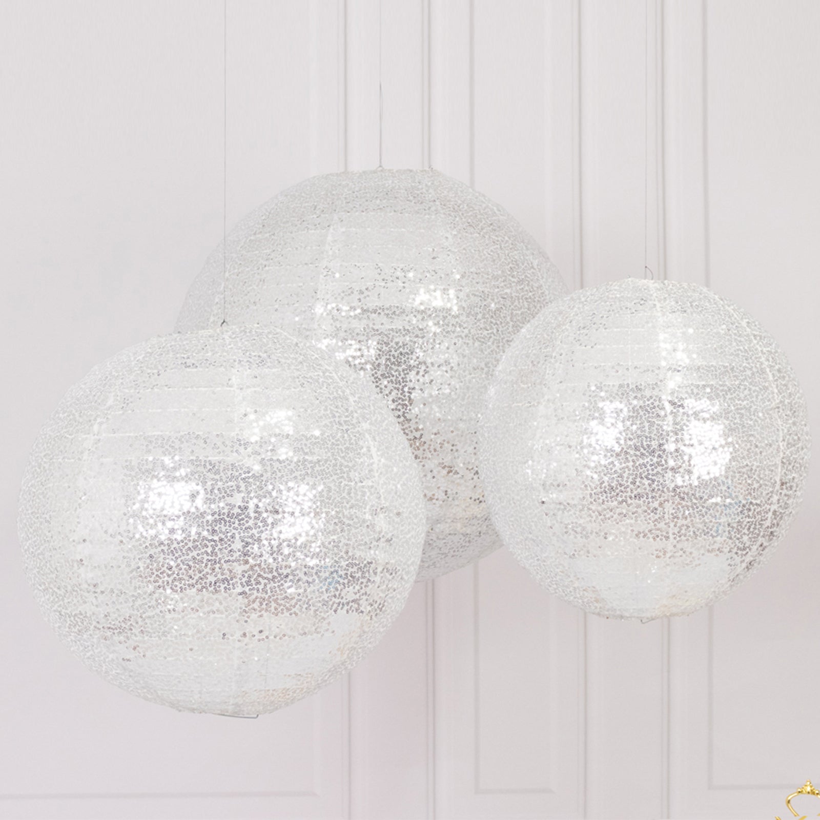 Set of 3 Glitter Silver Sequin Fabric Hanging Lanterns, Large Decorative Round Foldable Chinese Lantern Lampshades - 14",16",20" - Bell Racket Store