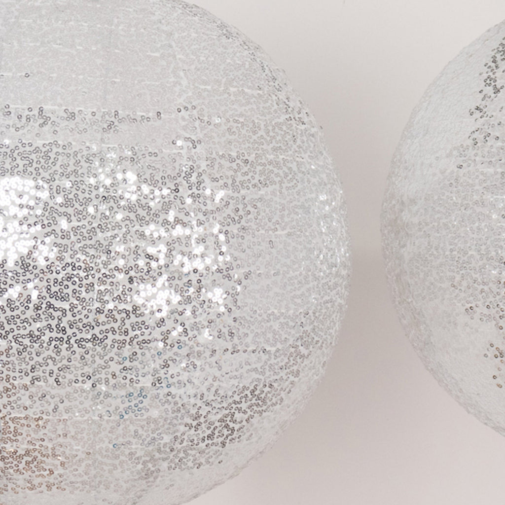 Set of 3 Glitter Silver Sequin Fabric Hanging Lanterns, Large Decorative Round Foldable Chinese Lantern Lampshades - 14",16",20" - Bell Racket Store