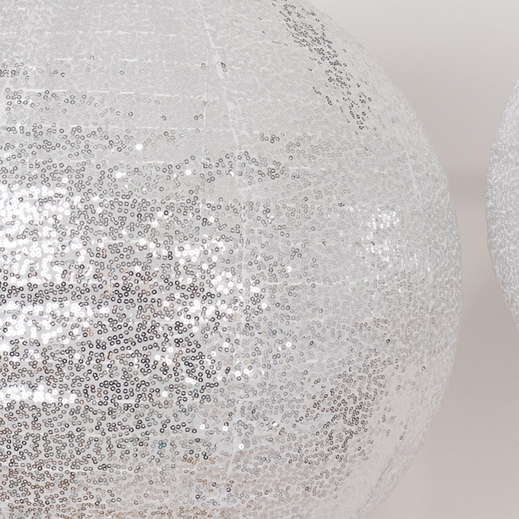Set of 3 Glitter Silver Sequin Fabric Hanging Lanterns, Large Decorative Round Foldable Chinese Lantern Lampshades - 14",16",20" - Bell Racket Store