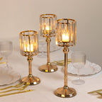 Set of 3 Gold Crystal Pendant Hurricane Candle Holders, Elegant Cylindrical Design for Pillar Candles, Decorative Table Centerpieces - 11",13",15" - Bell Racket Store