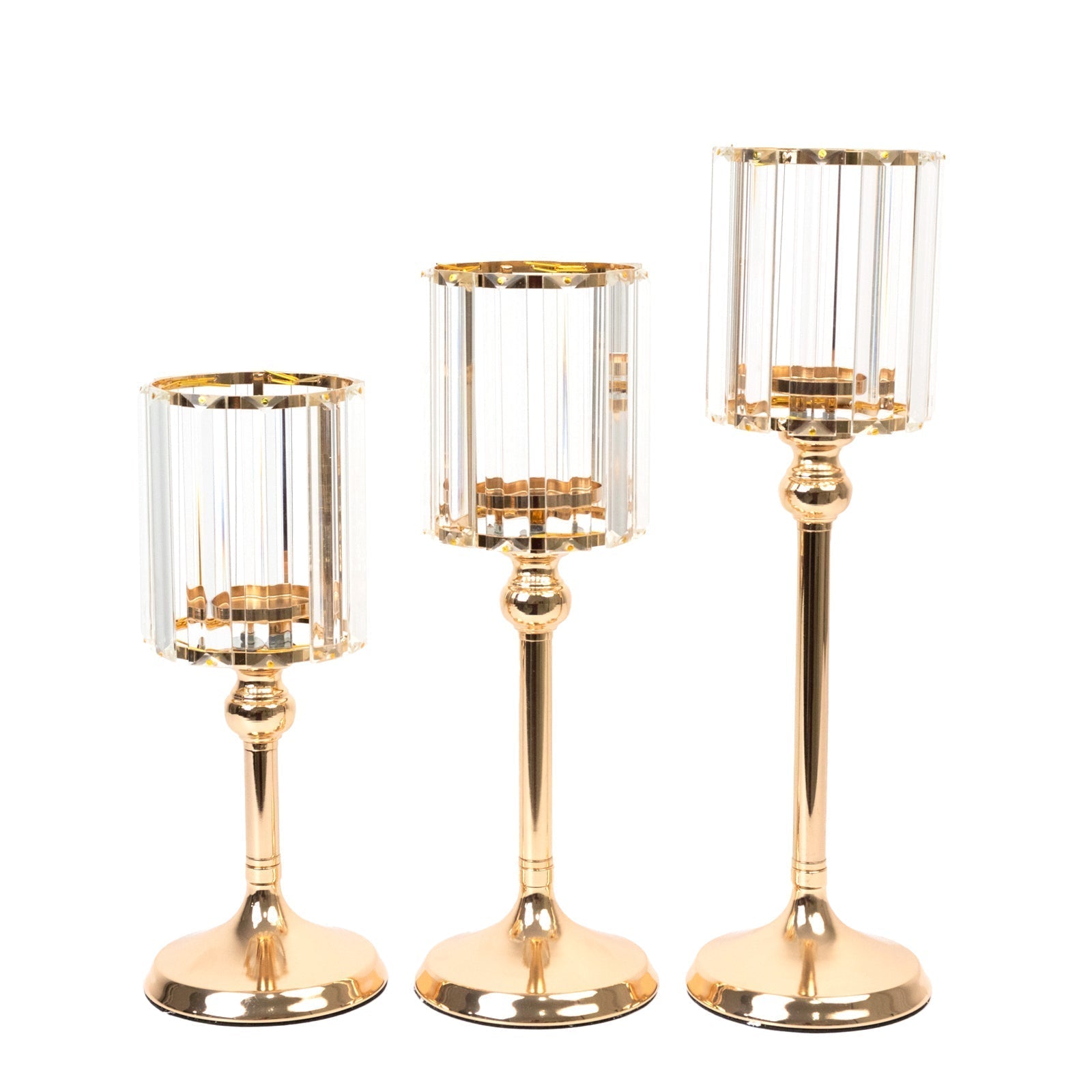Set of 3 Gold Crystal Pendant Hurricane Candle Holders, Elegant Cylindrical Design for Pillar Candles, Decorative Table Centerpieces - 11",13",15" - Bell Racket Store