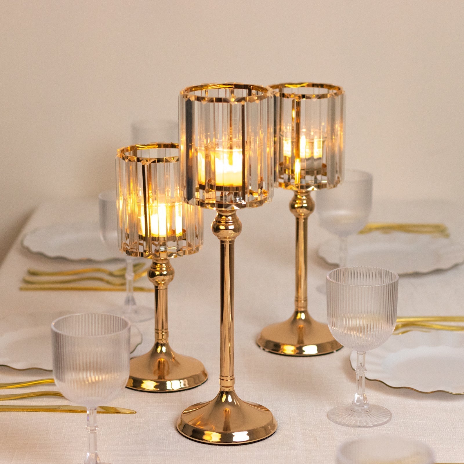 Set of 3 Gold Crystal Pendant Hurricane Candle Holders, Elegant Cylindrical Design for Pillar Candles, Decorative Table Centerpieces - 11",13",15" - Bell Racket Store