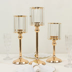 Set of 3 Gold Crystal Pendant Hurricane Candle Holders, Elegant Cylindrical Design for Pillar Candles, Decorative Table Centerpieces - 11",13",15" - Bell Racket Store