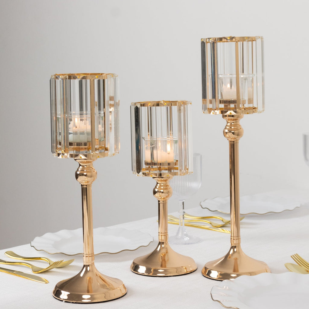 Set of 3 Gold Crystal Pendant Hurricane Candle Holders, Elegant Cylindrical Design for Pillar Candles, Decorative Table Centerpieces - 11",13",15" - Bell Racket Store