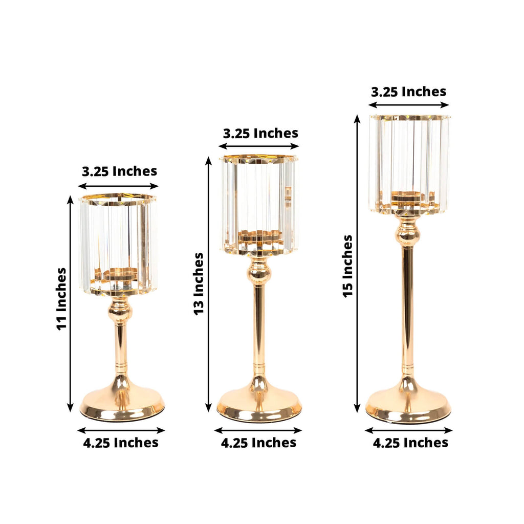 Set of 3 Gold Crystal Pendant Hurricane Candle Holders, Elegant Cylindrical Design for Pillar Candles, Decorative Table Centerpieces - 11",13",15" - Bell Racket Store
