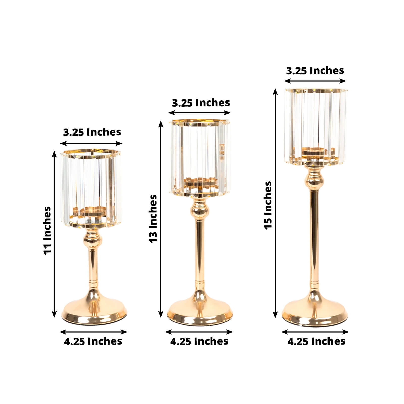 Set of 3 Gold Crystal Pendant Hurricane Candle Holders, Elegant Cylindrical Design for Pillar Candles, Decorative Table Centerpieces - 11",13",15" - Bell Racket Store