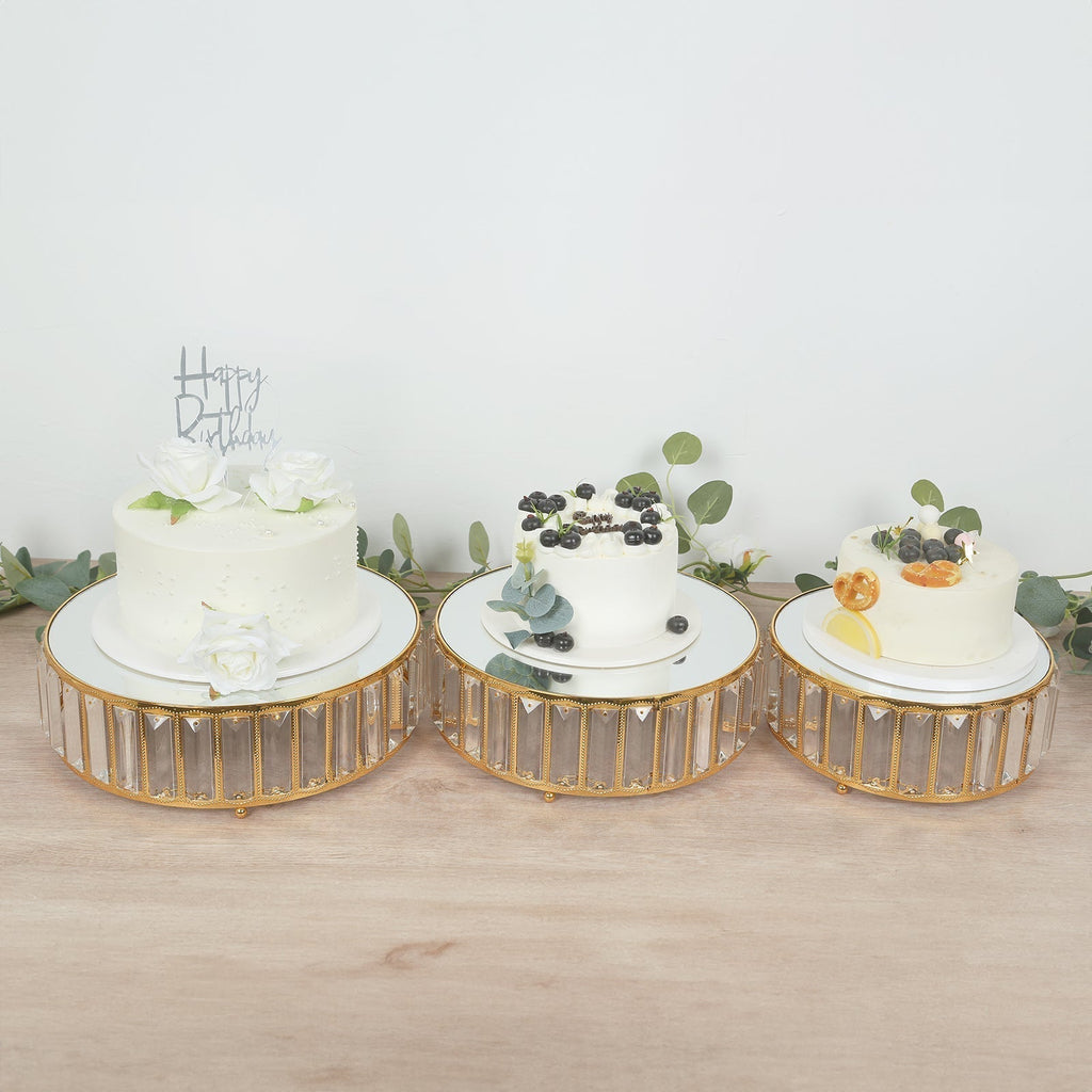 Set of 3 Gold Metal Crystal Pendant Cake Stands with Mirror Top, Stackable Round Dessert Display Trays - 9",11",12" - Bell Racket Store