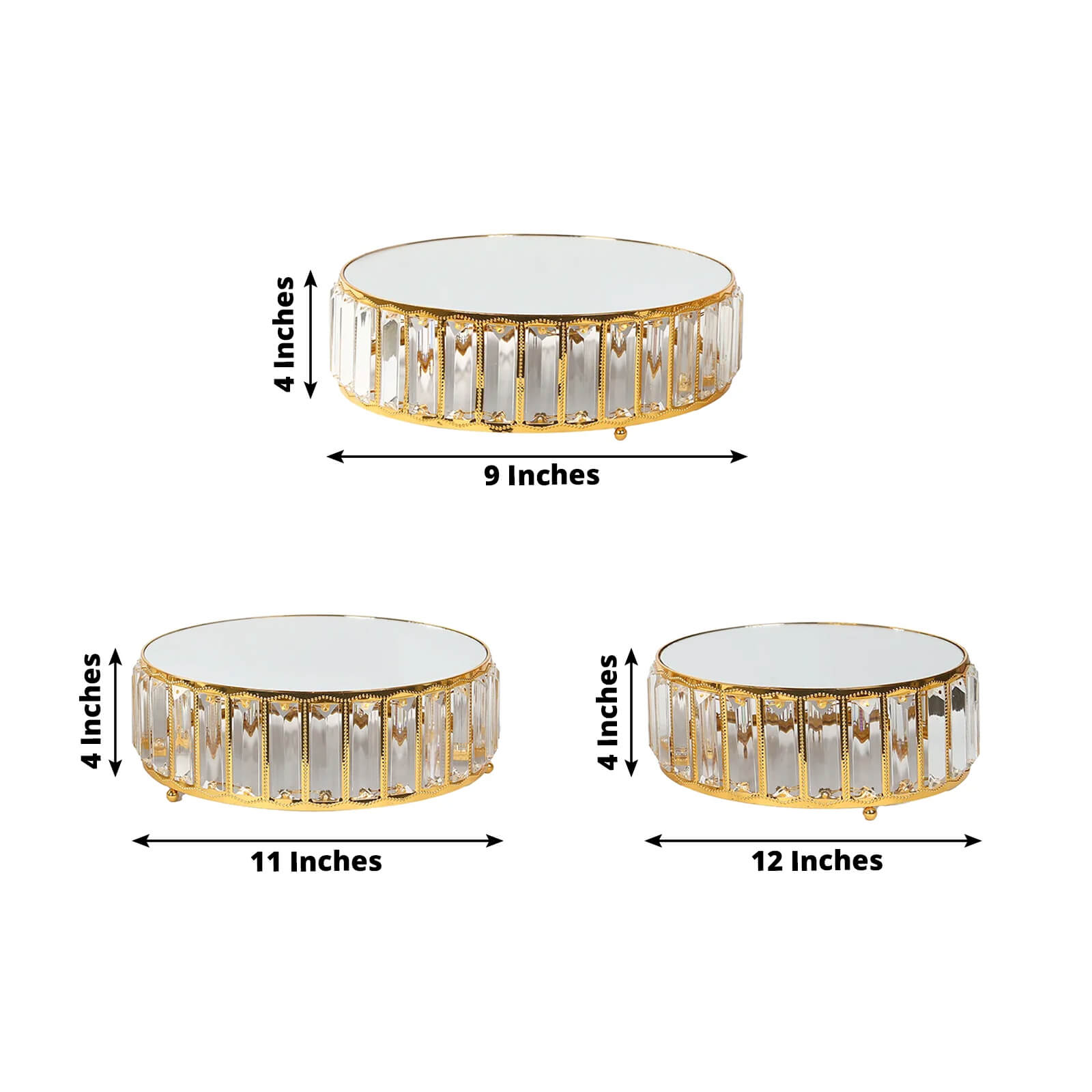 Set of 3 Gold Metal Crystal Pendant Cake Stands with Mirror Top, Stackable Round Dessert Display Trays - 9",11",12" - Bell Racket Store