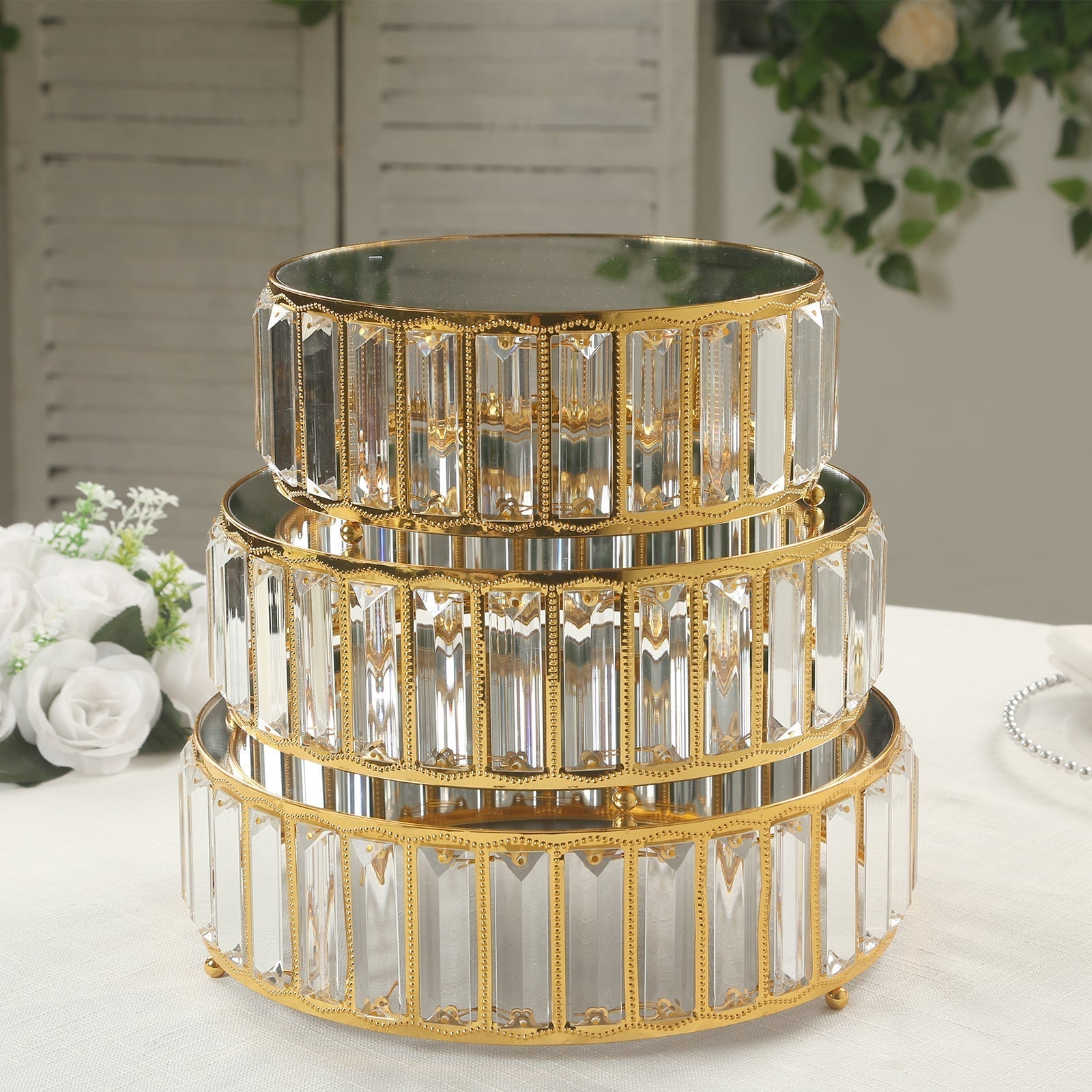Set of 3 Gold Metal Crystal Pendant Cake Stands with Mirror Top, Stackable Round Dessert Display Trays - 9",11",12" - Bell Racket Store