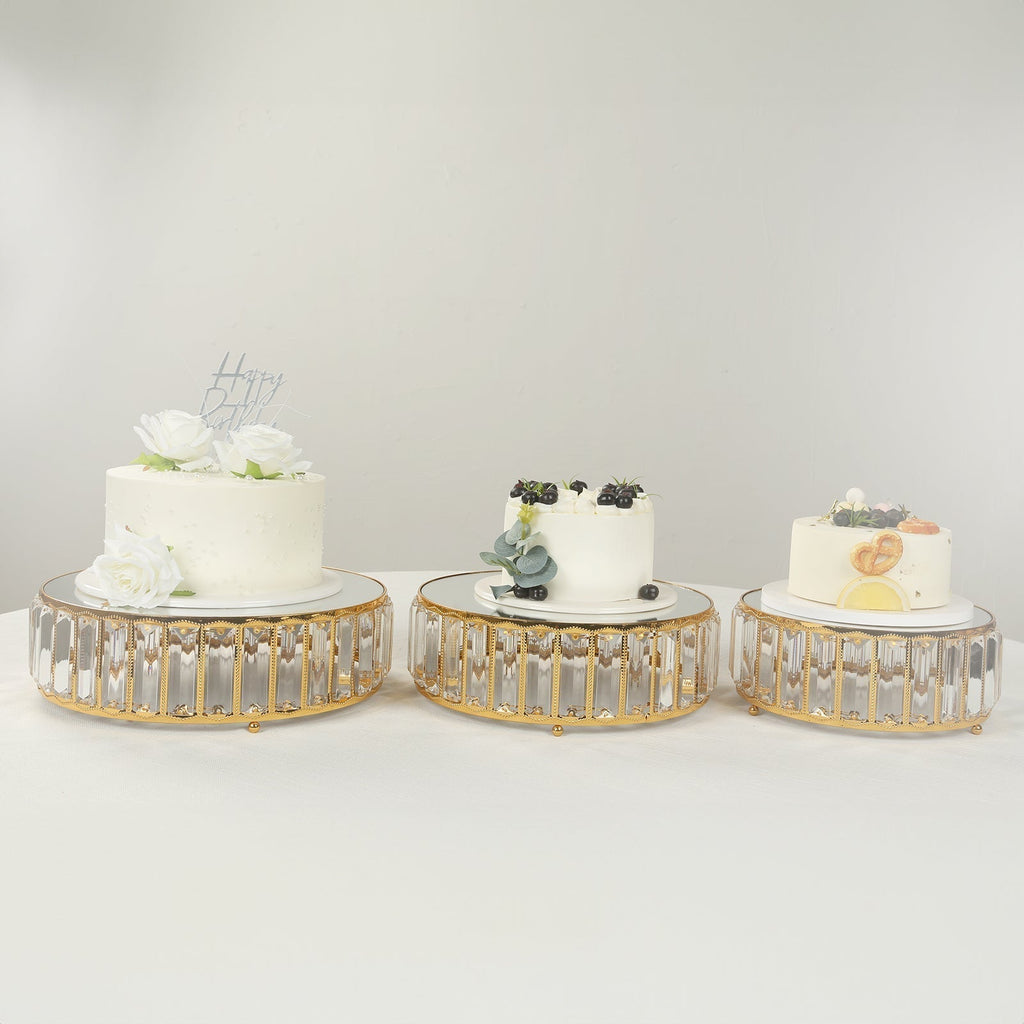 Set of 3 Gold Metal Crystal Pendant Cake Stands with Mirror Top, Stackable Round Dessert Display Trays - 9",11",12" - Bell Racket Store