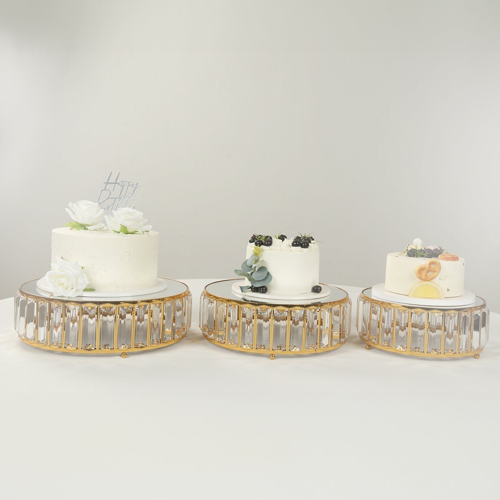 Set of 3 Gold Metal Crystal Pendant Cake Stands with Mirror Top, Stackable Round Dessert Display Trays - 9",11",12" - Bell Racket Store