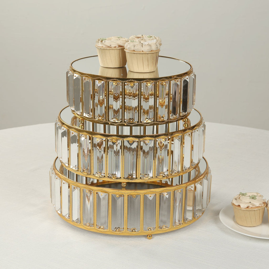 Set of 3 Gold Metal Crystal Pendant Cake Stands with Mirror Top, Stackable Round Dessert Display Trays - 9",11",12" - Bell Racket Store