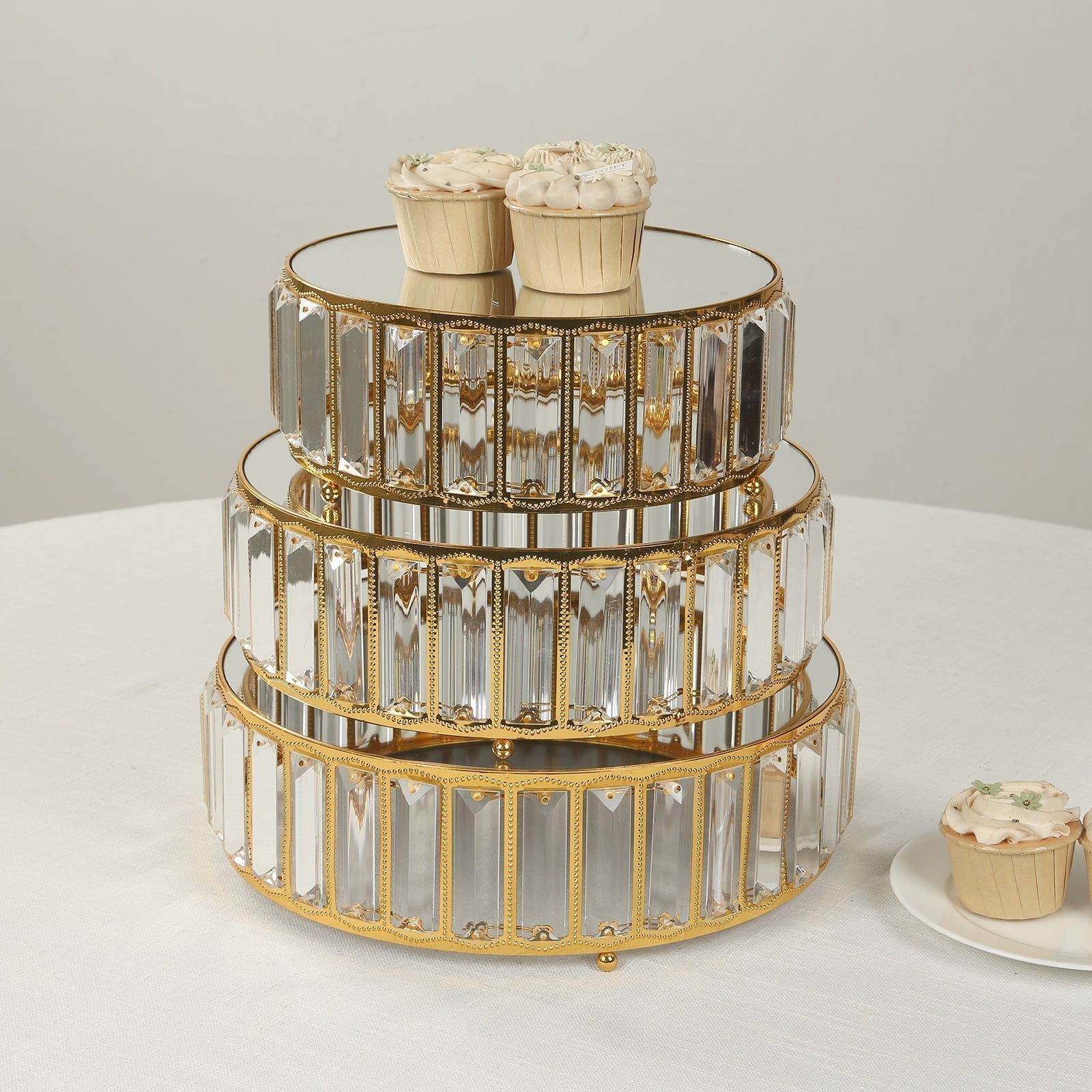 Set of 3 Gold Metal Crystal Pendant Cake Stands with Mirror Top, Stackable Round Dessert Display Trays - 9",11",12" - Bell Racket Store