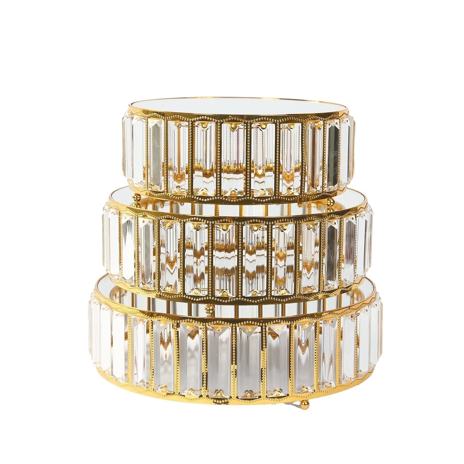 Set of 3 Gold Metal Crystal Pendant Cake Stands with Mirror Top, Stackable Round Dessert Display Trays - 9",11",12" - Bell Racket Store