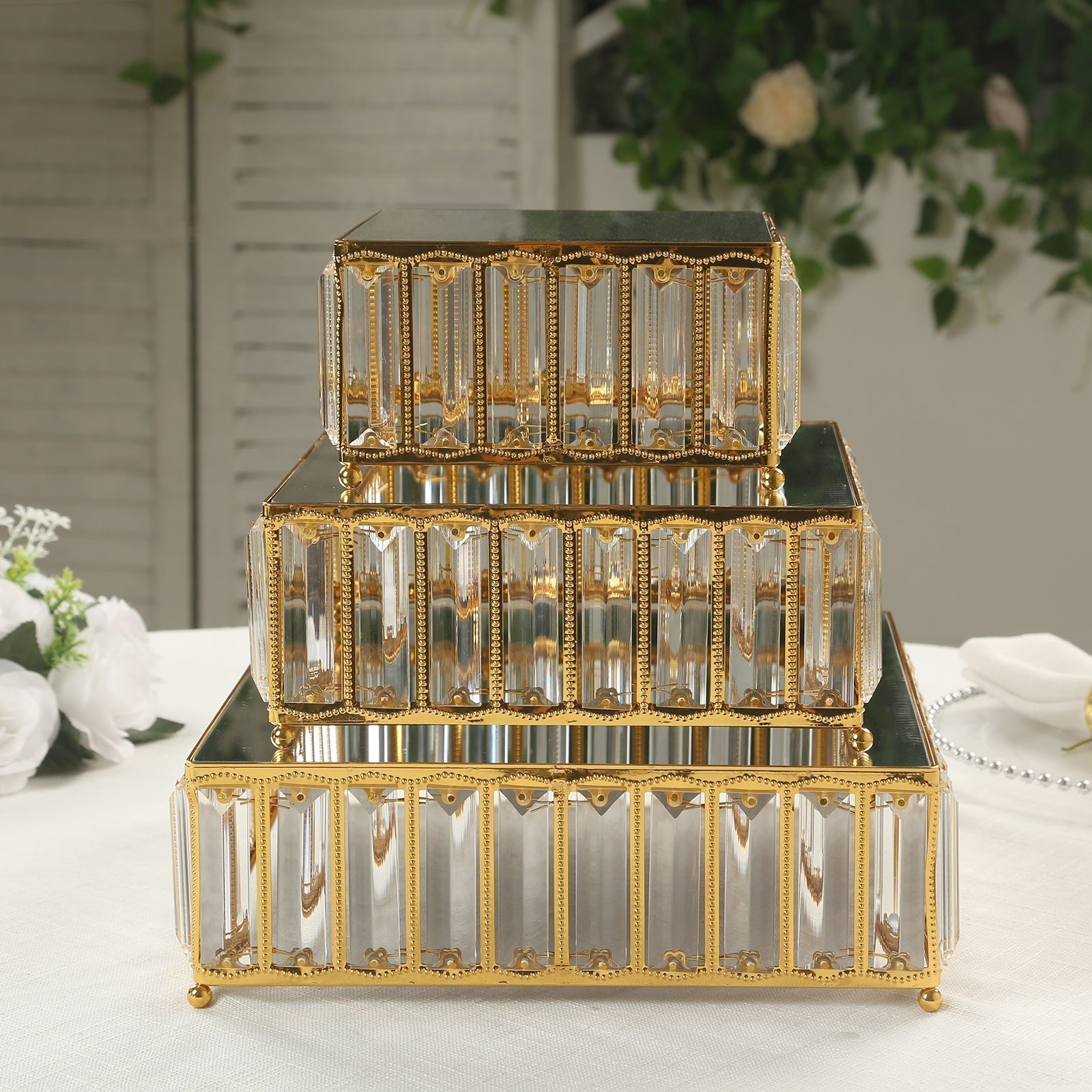 Set of 3 Gold Metal Crystal Pendant Cake Stands with Mirror Top, Stackable Square Dessert Display Trays - 7",10",12" - Bell Racket Store