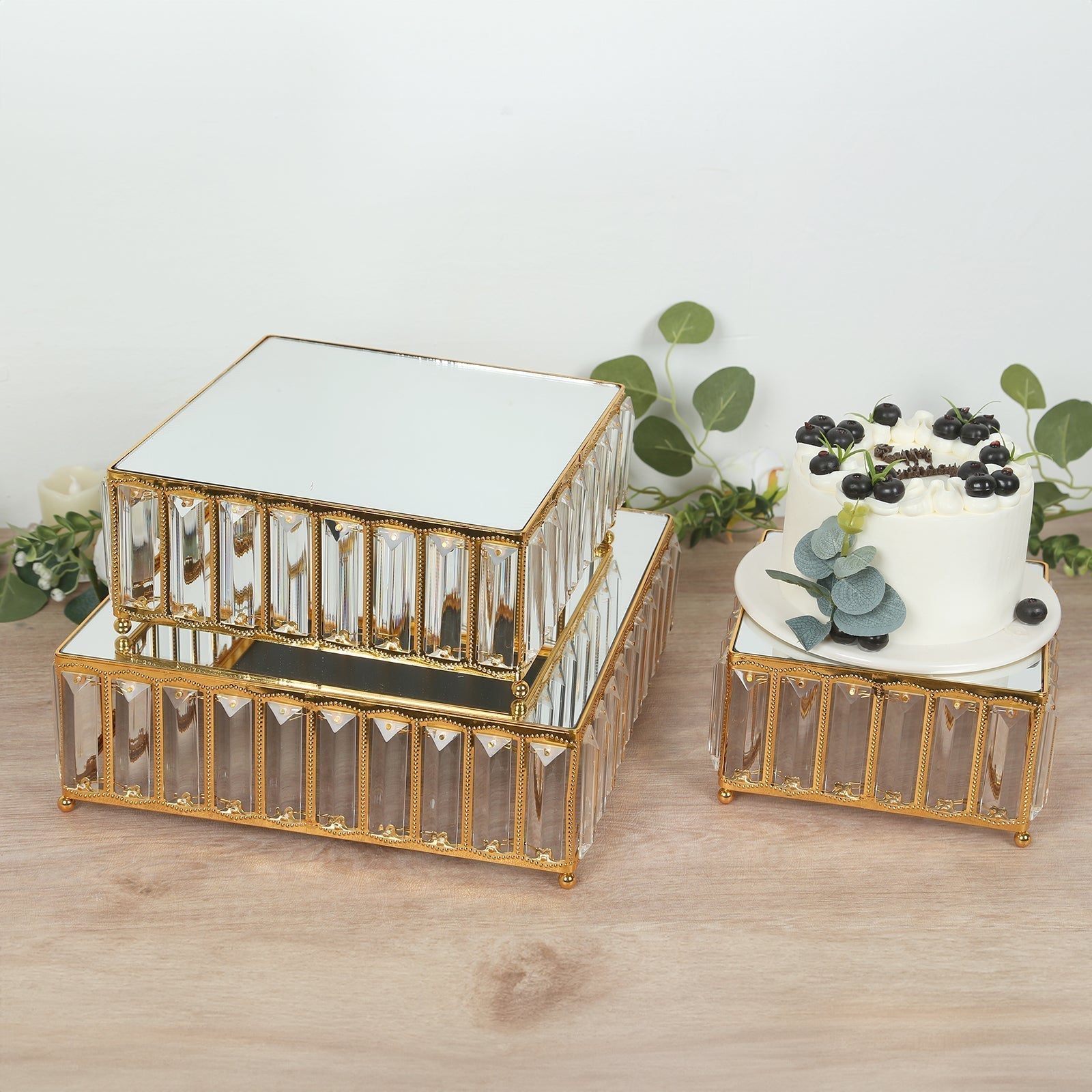 Set of 3 Gold Metal Crystal Pendant Cake Stands with Mirror Top, Stackable Square Dessert Display Trays - 7",10",12" - Bell Racket Store