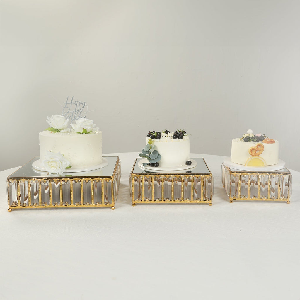 Set of 3 Gold Metal Crystal Pendant Cake Stands with Mirror Top, Stackable Square Dessert Display Trays - 7",10",12" - Bell Racket Store